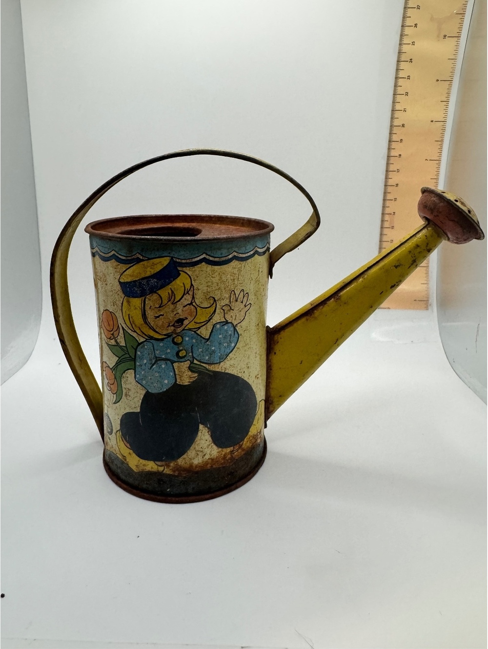 Vintage Metal Watering Can with Dutch Girl Design
